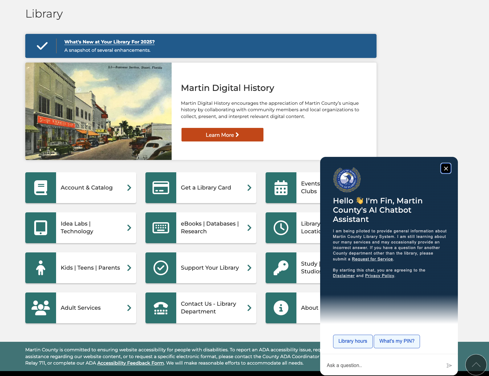 screen shot of martin county library page
